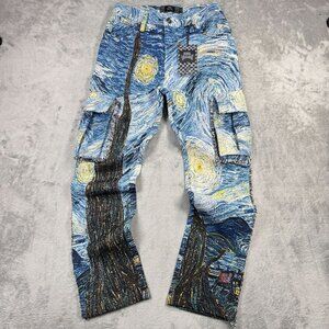 NWT Rebel Vengeance Tapestry Cargo Jeans Mens Starry Night Van Gogh Streetwear